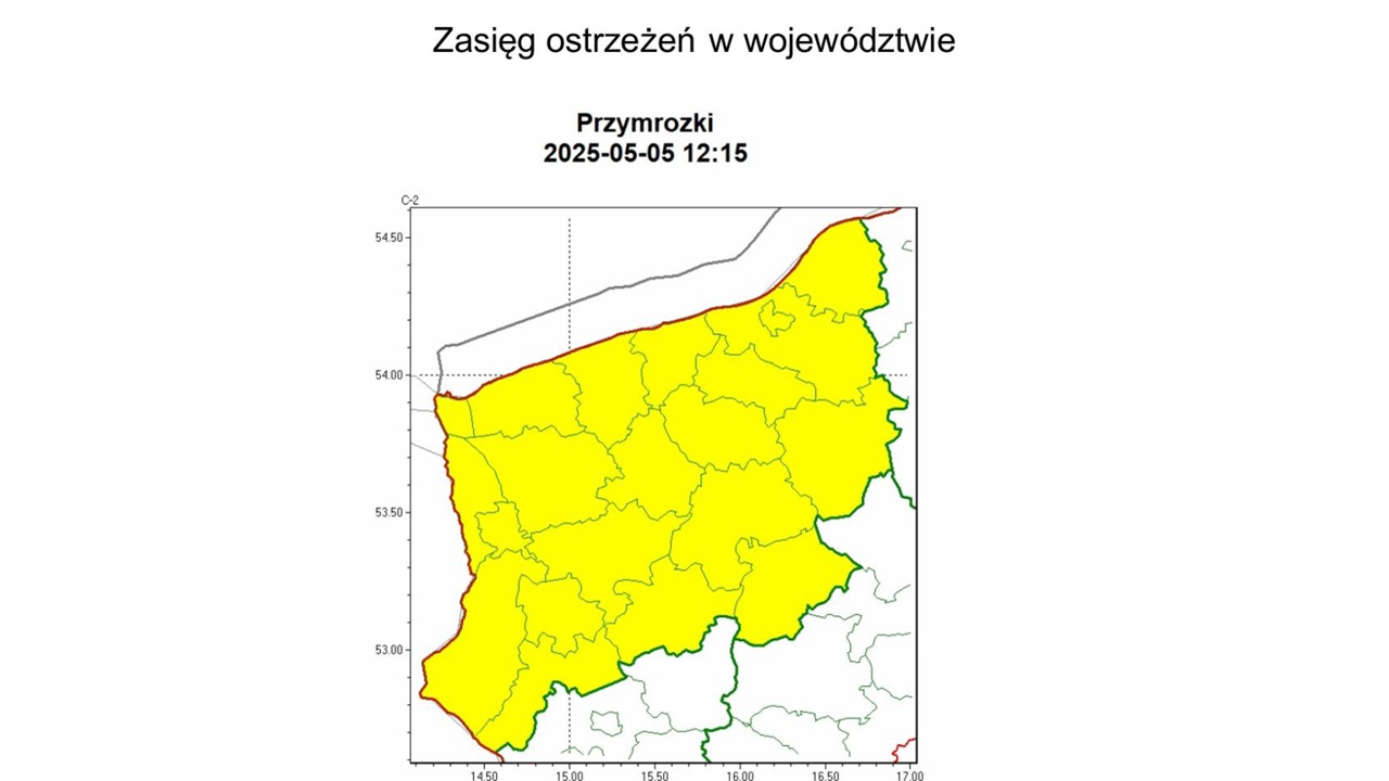 OSTRZEŻENIE METEOROLOGICZNE 05.05.2025 R- 06.05.2025 R. MOŻLIWE PRZYMROZKI