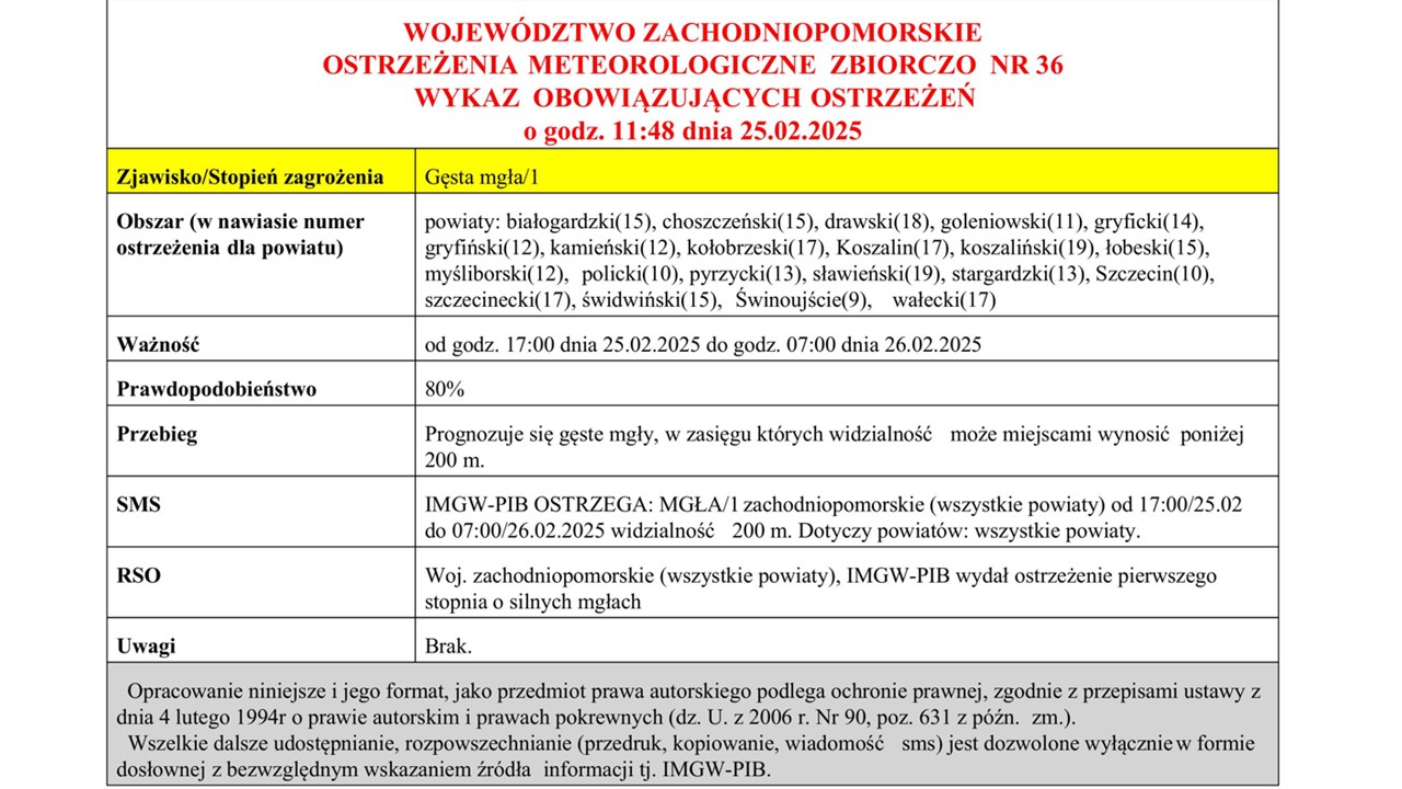 OSTRZEŻENIE METEOROLOGICZNE 25.02.2025 R.- 26.02.2025 R.