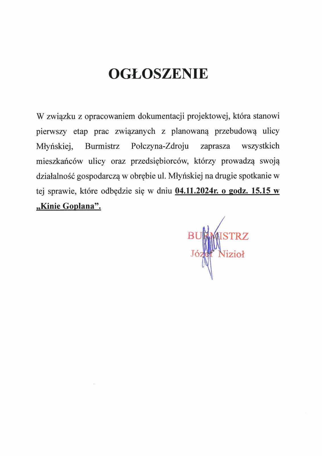 Ogłoszenie Burmistrza Połczyna-Zdroju