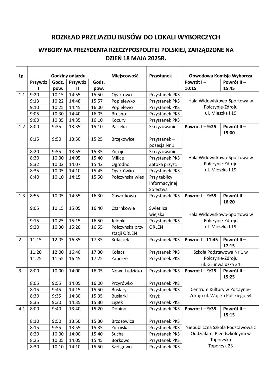 ROZKŁAD PRZEJAZDU BUSÓW DO LOKALI WYBORCZYCH WYBORY NA PREZYDENTA RZECZYPOSPOLITEJ POLSKIEJ, ZARZĄDZONE NA DZIEŃ 18 MAJA 2025R