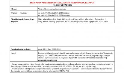 OSTRZEŻENIE METEOROLOGICZNE 23.01-27.01.2024 R.