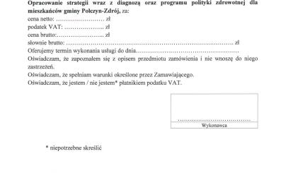 Burmistrz Połczyna-Zdroju zaprasza do składania ofert cenowych na realizację zadania ,,Opracowanie strategii wraz z diagnozą oraz programu polityki zdrowotnej dla mieszkańców Gminy Połczyn-Zdrój