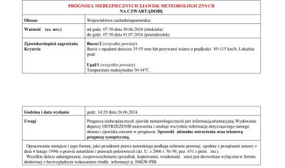 OSTRZEŻENIE METEOROLOGICZNE 27.06-01.07.2024 R.