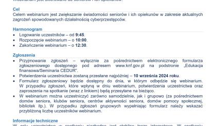 Webinarium dla seniorów i ich opiekunów „Na co uważać i jak nie dać się okraść w Internecie – bankowość elektroniczna dla seniorów. III edycja”