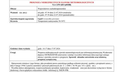 OSTRZEŻENIE METEOROLOGICZNE 21.07.2024 R- 22.07.2024 R.
