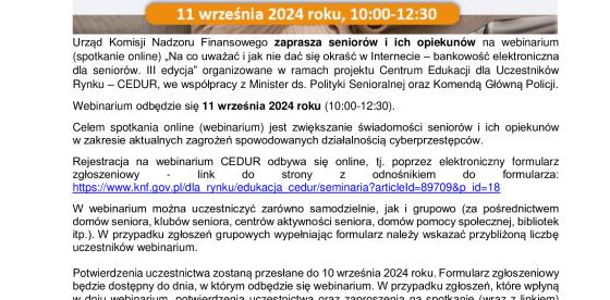 Webinarium dla seniorów i ich opiekunów „Na co uważać i jak nie dać się okraść w Internecie – bankowość elektroniczna dla seniorów. III edycja”